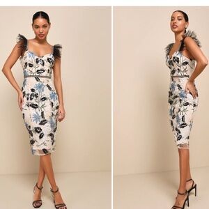 Lulu’s Cream Embroidered Sequin Bodycon Mididress, Size Small, NWT